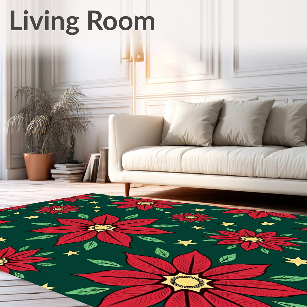 Bold Red Poinsettia Starry Green Rug