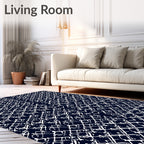 Dark Blue White Interlocking Geometric Lattice Rug