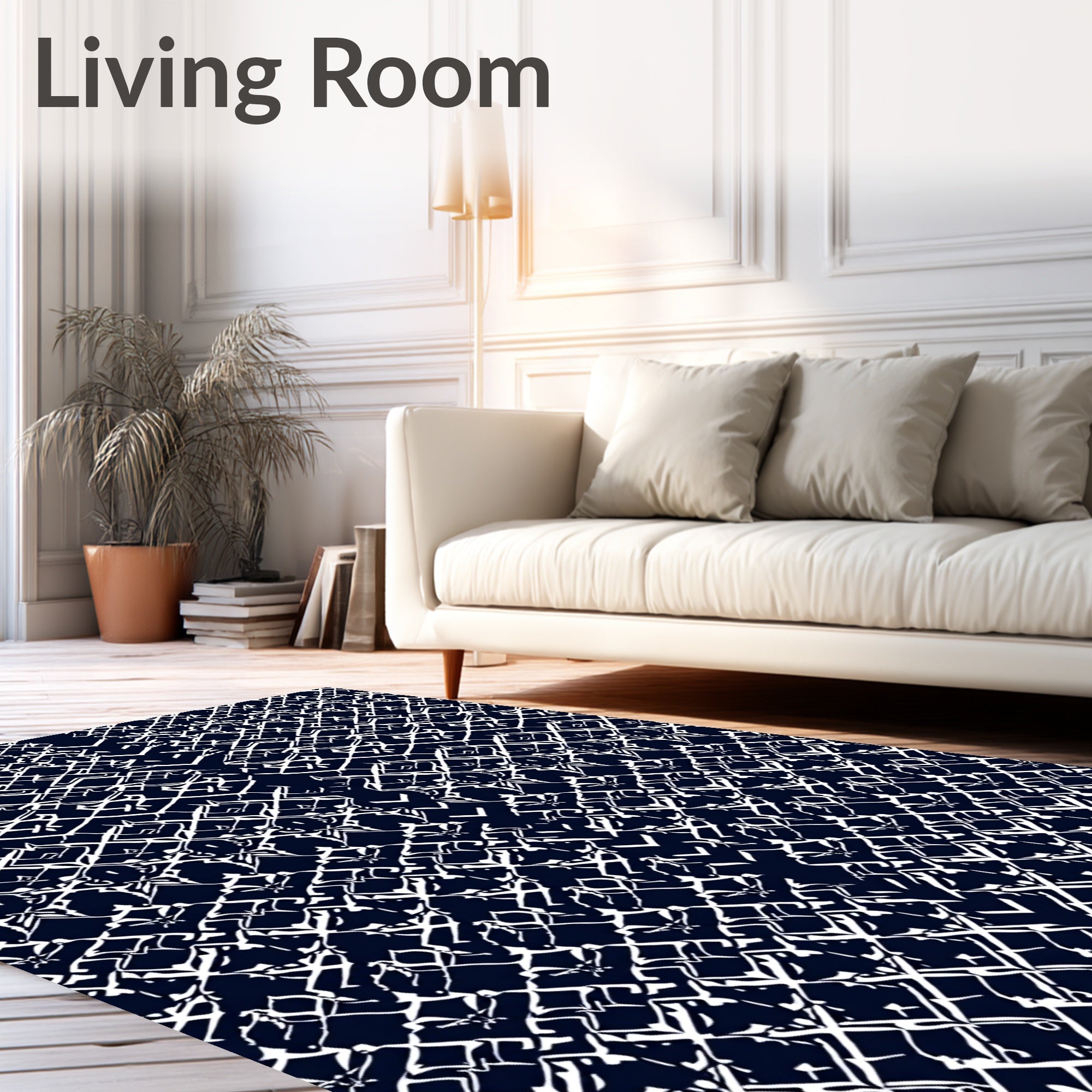 Dark Blue White Interlocking Geometric Lattice Rug