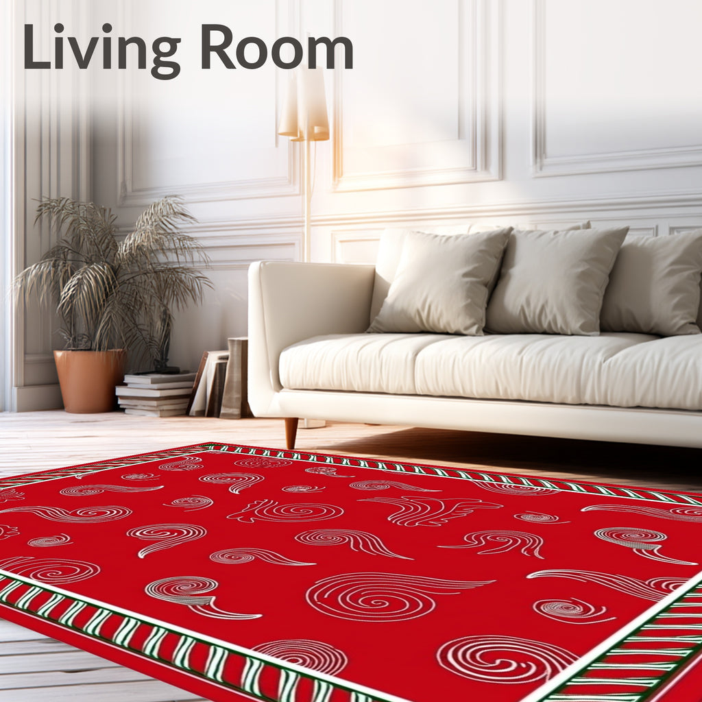 Red White Swirl Abstract Whimsical Art Rug
