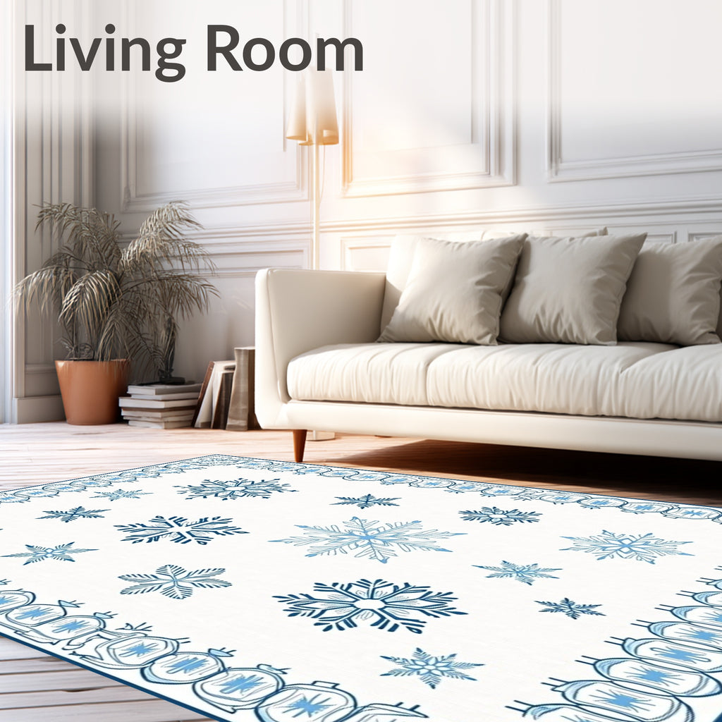 Blue Snowflake Medallion Winter Border Rug