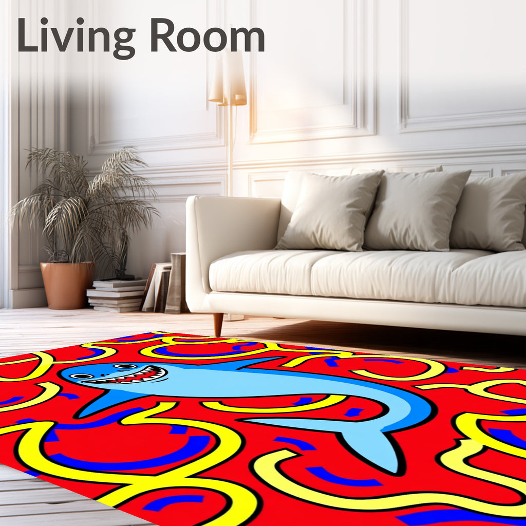 Whimsical Blue Shark Red Swirls Rug