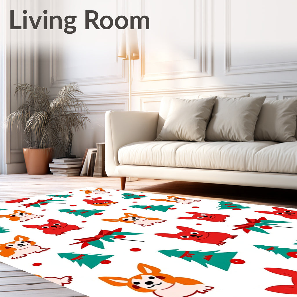 Red Orange Corgi Christmas Tree Bow Rug