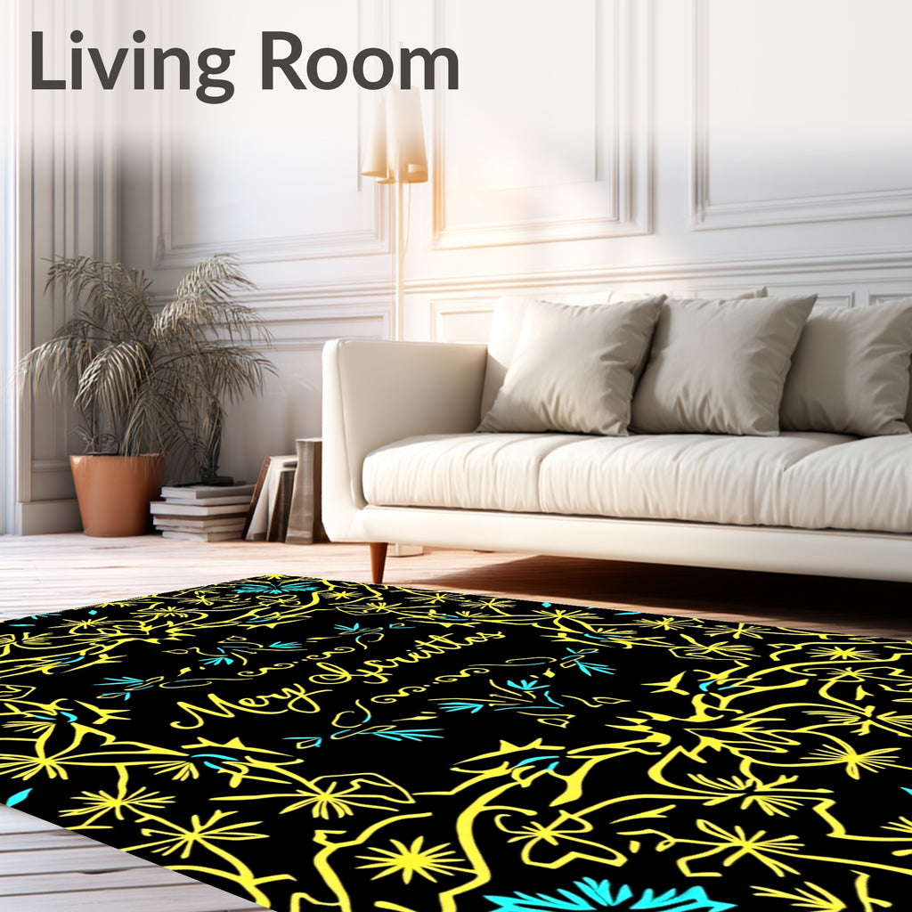 Yellow Teal Floral Scrollwork Medallion Rug