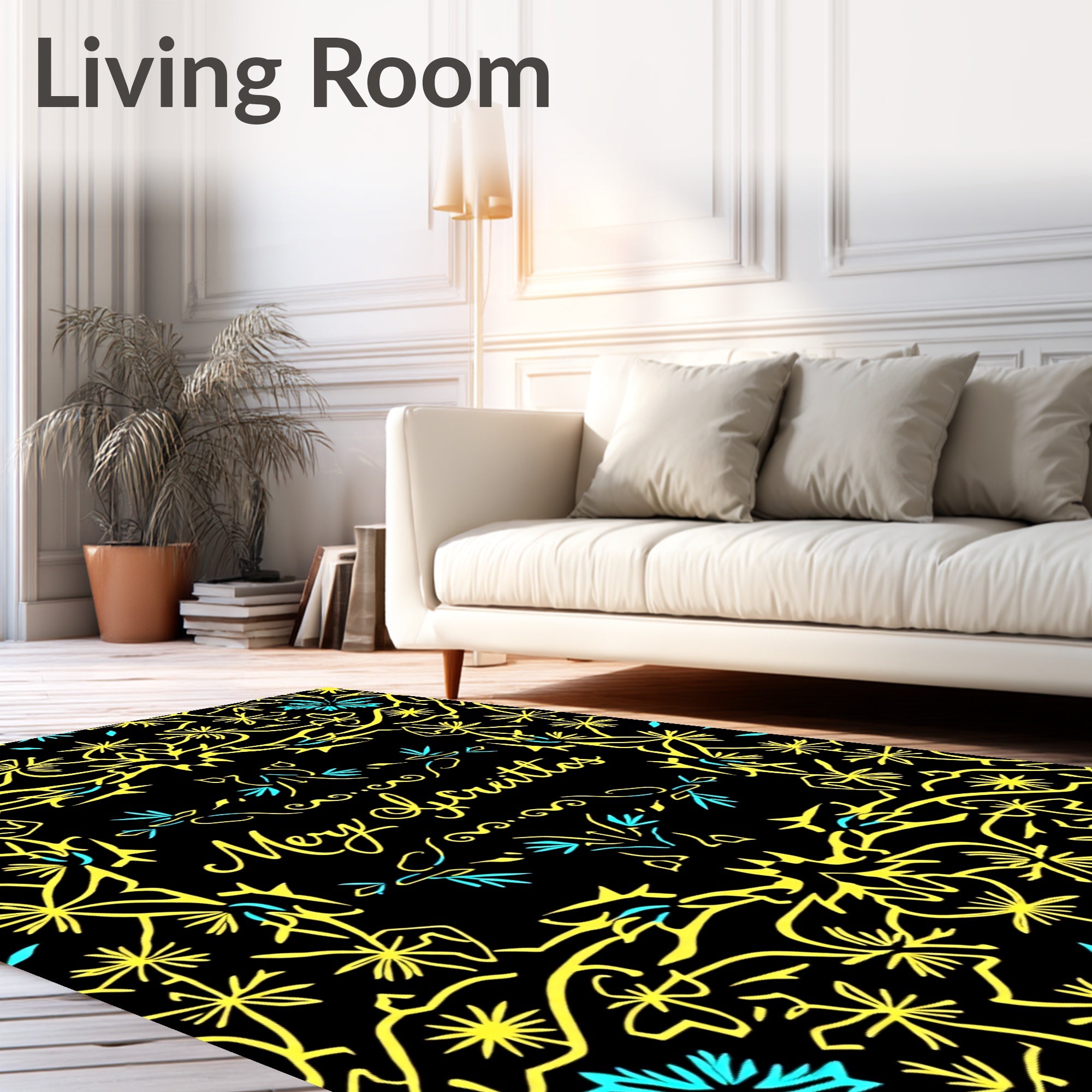 Yellow Teal Floral Scrollwork Medallion Rug