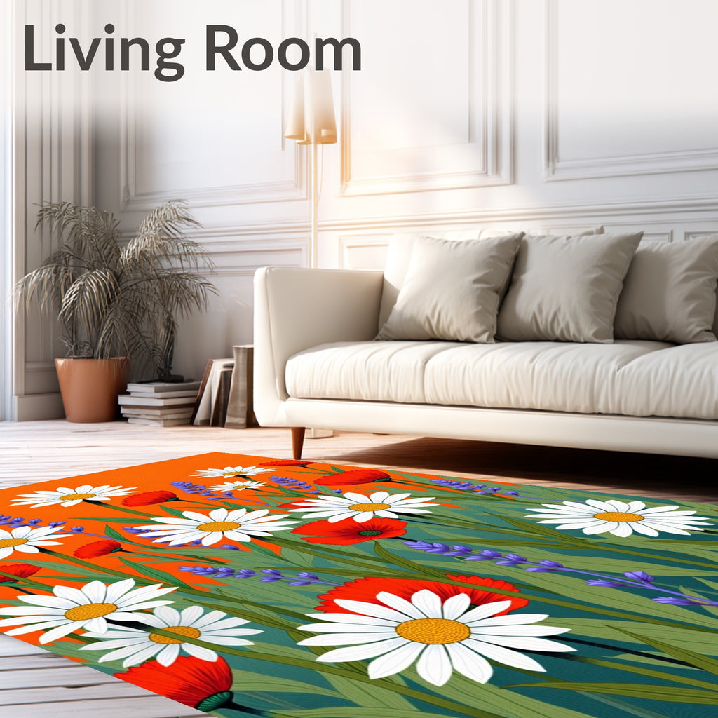 Vibrant Red Daisy Lavender Meadow Rug