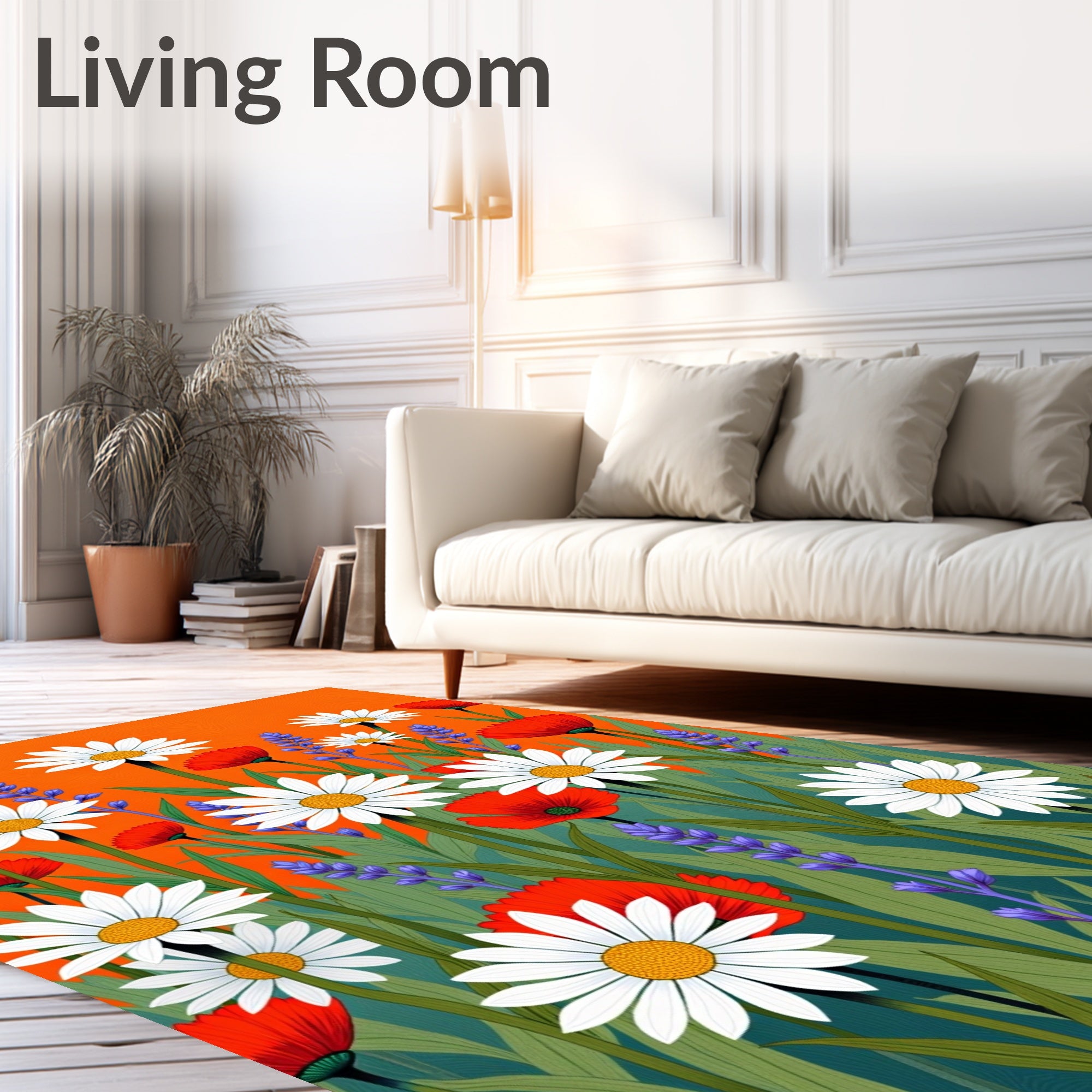 Vibrant Red Daisy Lavender Meadow Rug