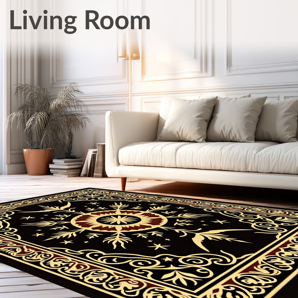 Black Golden Floral Medallion Starburst Rug