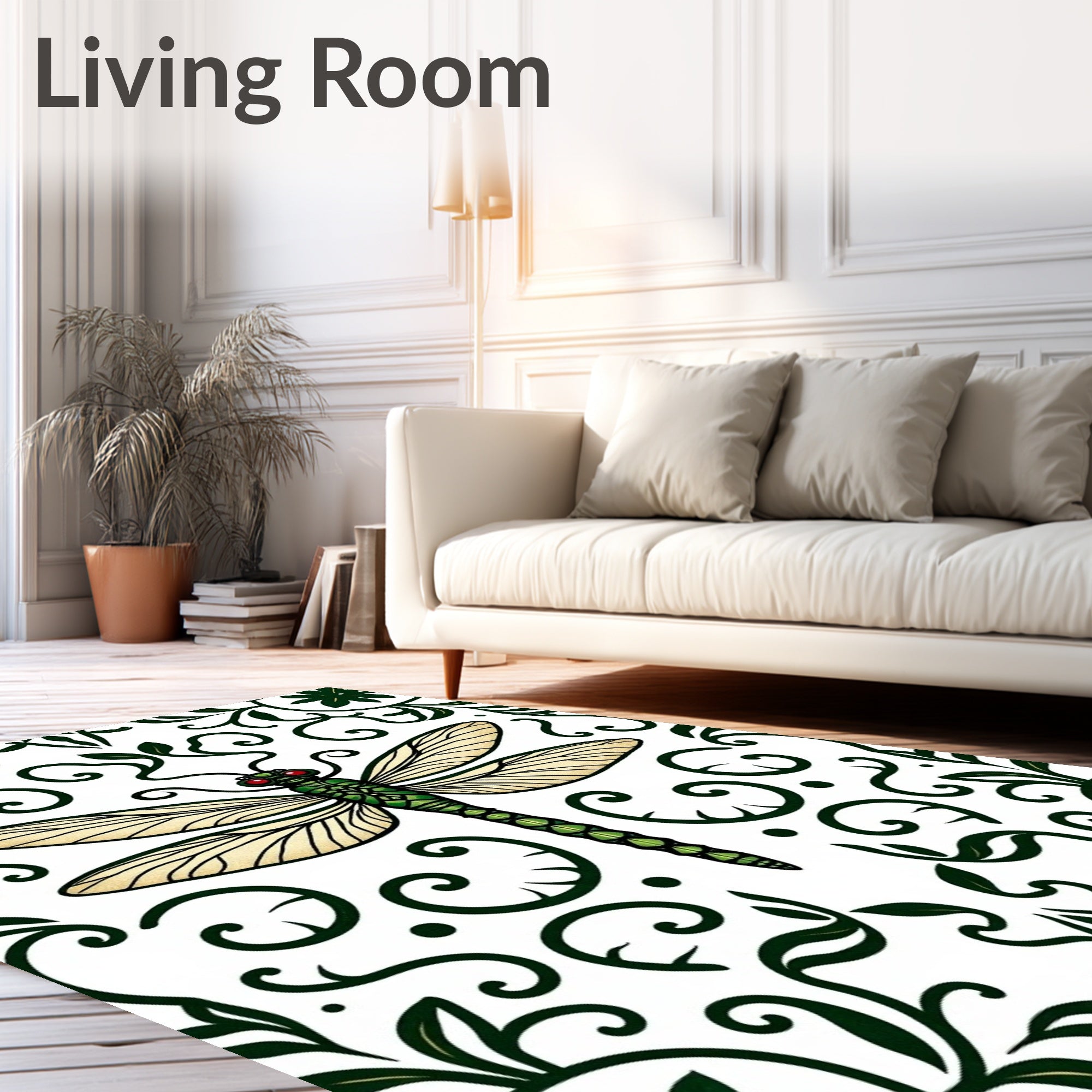 Emerald Dragonfly Floral Scroll Rug
