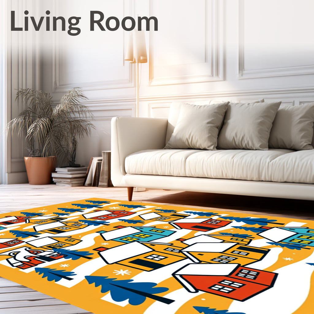 Cozy Winter Village With Snowflakes Houses Rug