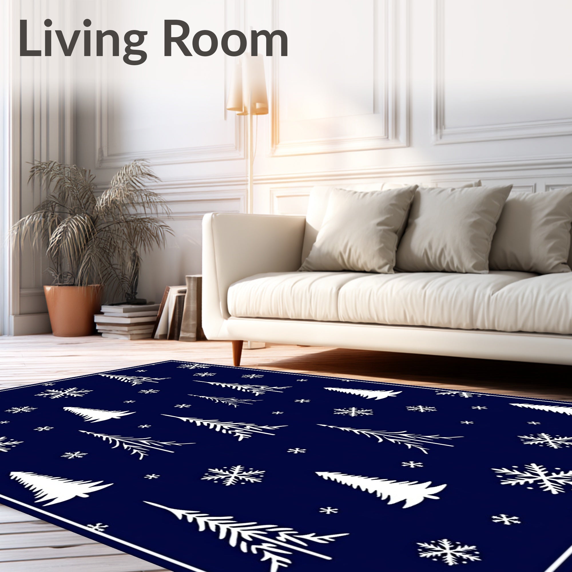 White Snowflakes Pine Trees Navy Rug