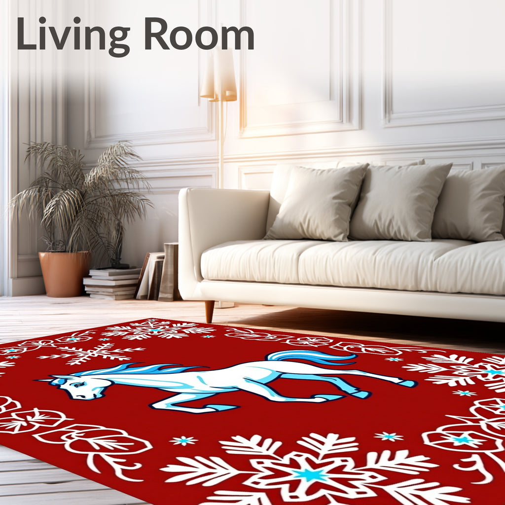 White Horse with Blue Mane Snowflakes Red Rug