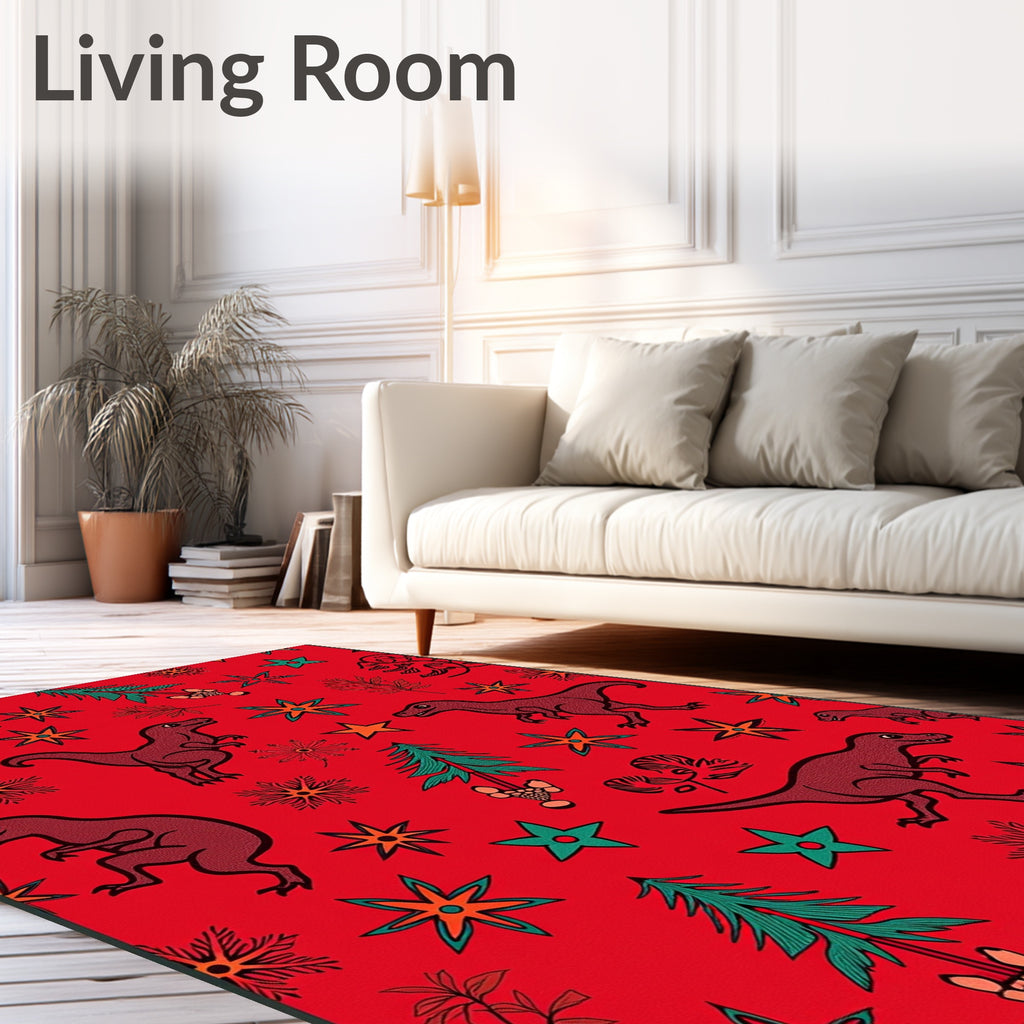 Crimson Dinosaur Christmas Tree Stars Rug