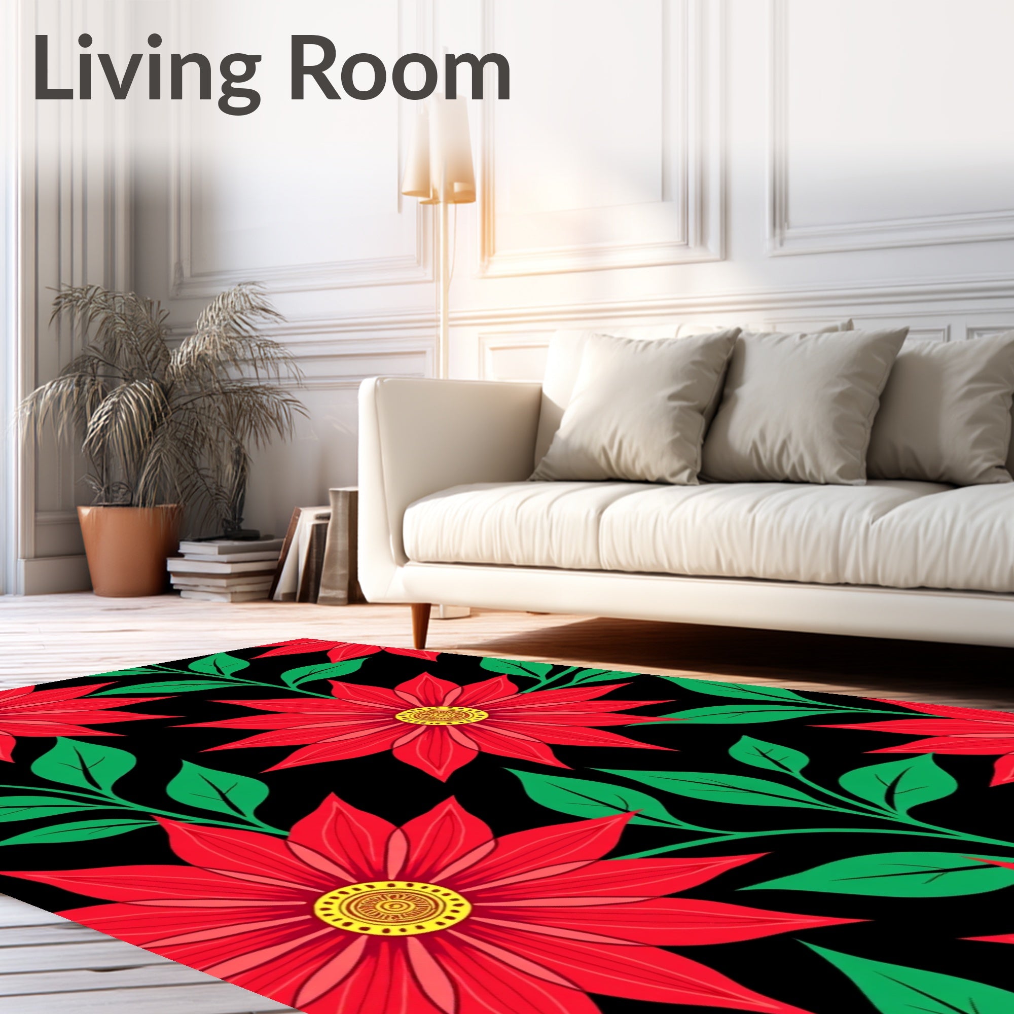 Crimson Floral Vine On Black Rug