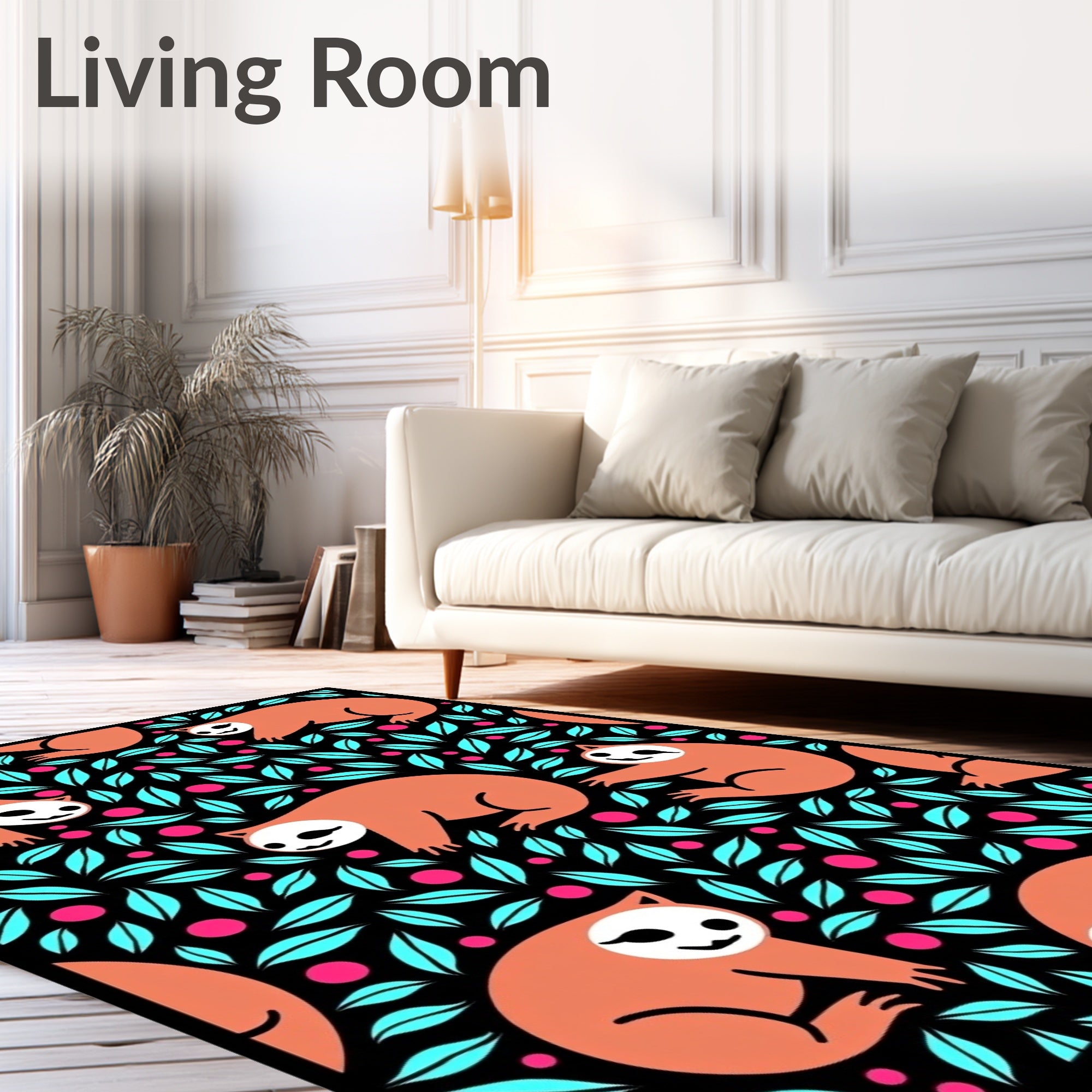 Whimsical Sloth Teal Leaf Pink Dot Rug