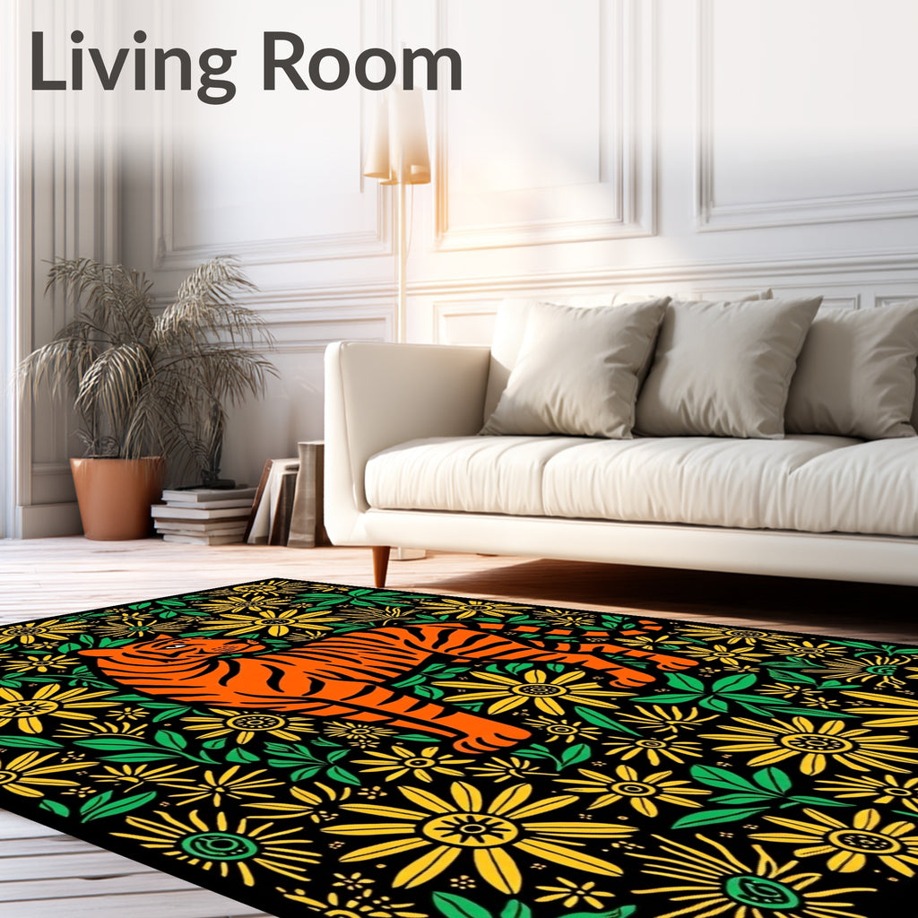 Orange Tiger Among Yellow FloralBloom Rug