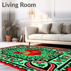 Bold Red Rooster Emerald Swirl Border Rug