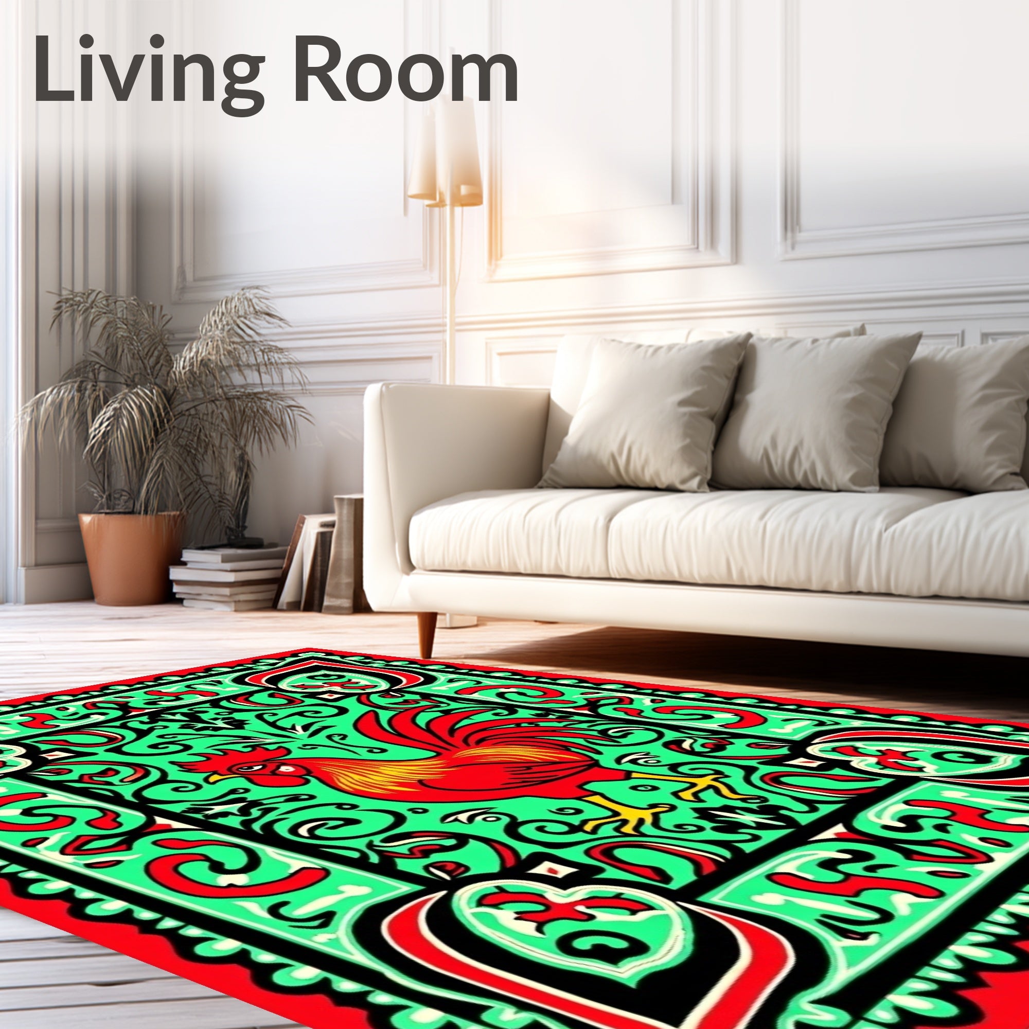 Bold Red Rooster Emerald Swirl Border Rug