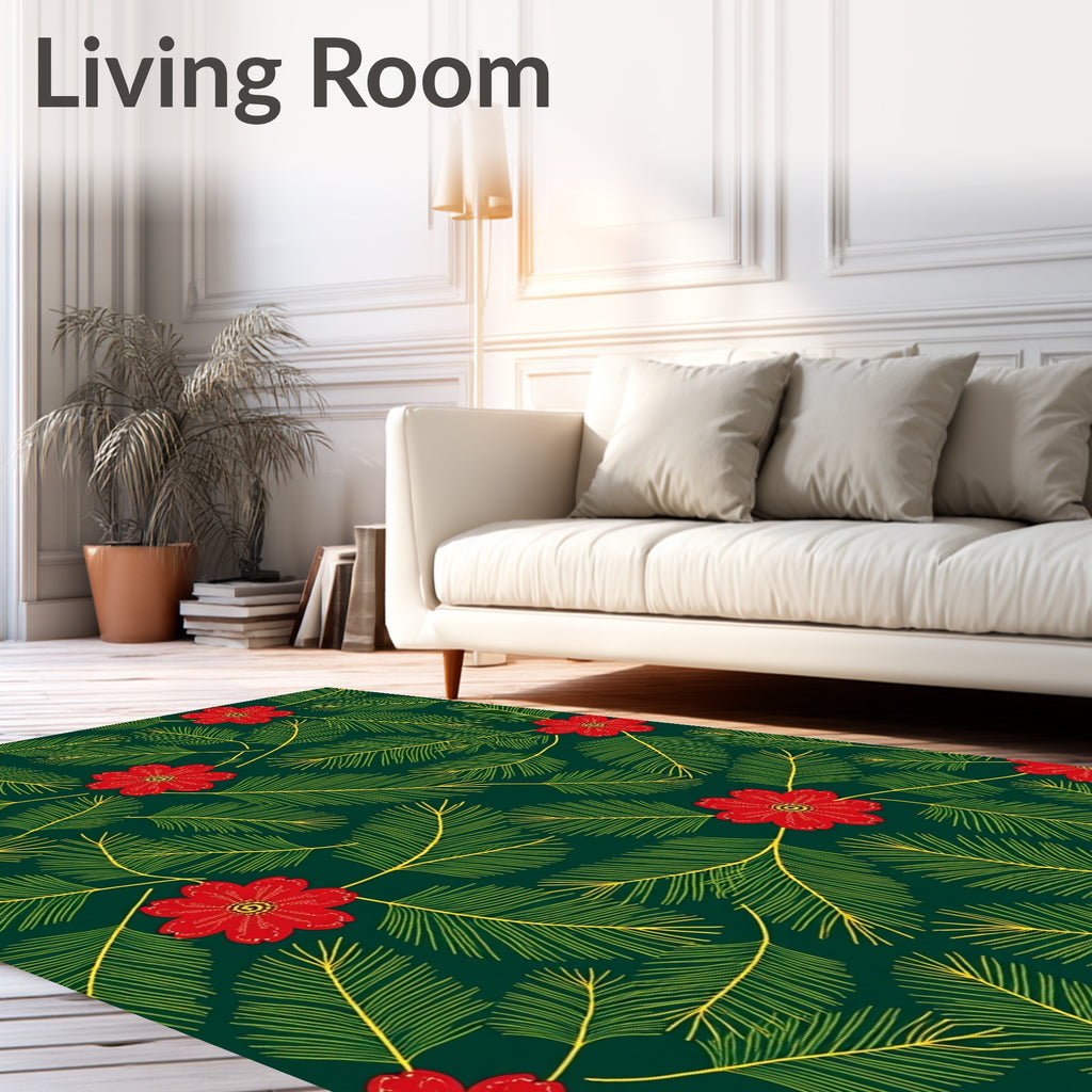 Deep Green Red Floral Fern Rug