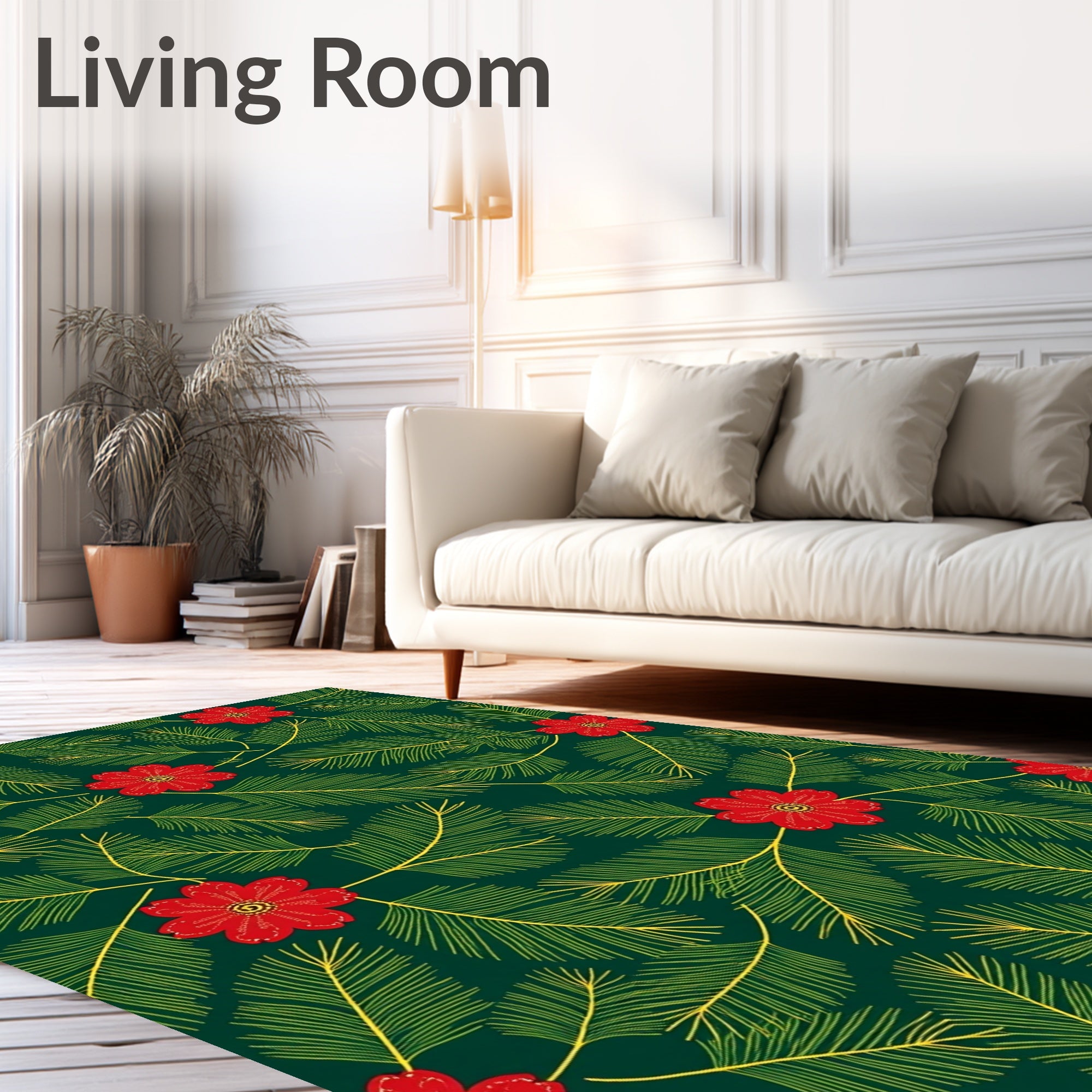 Deep Green Red Floral Fern Rug