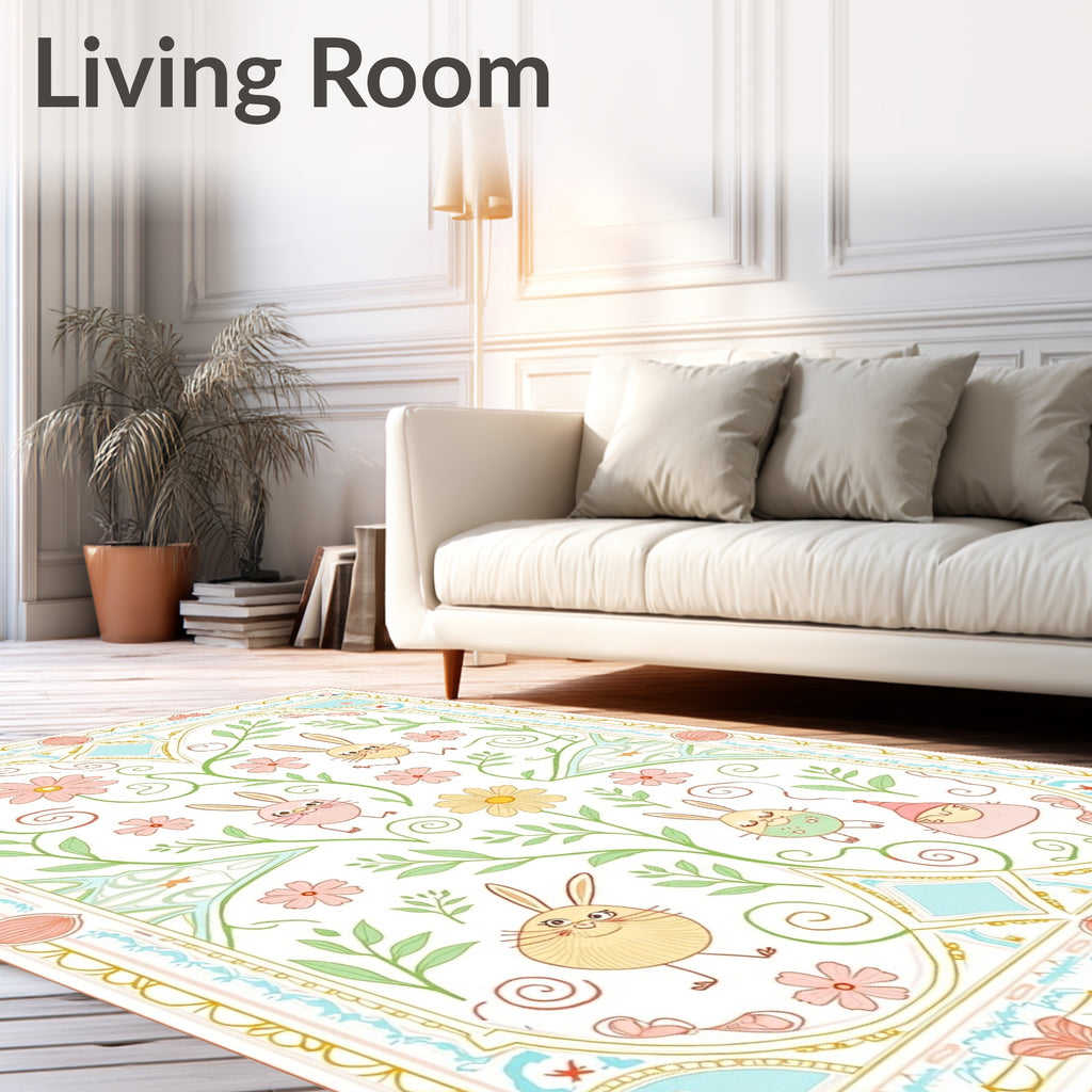 Whimsical Spring Garden Bunny Border Rug