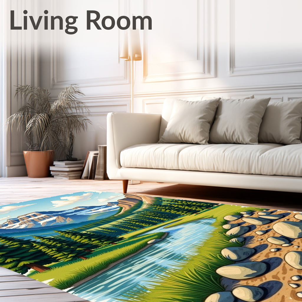 Mountain River Rocky Shore Landscape Rug