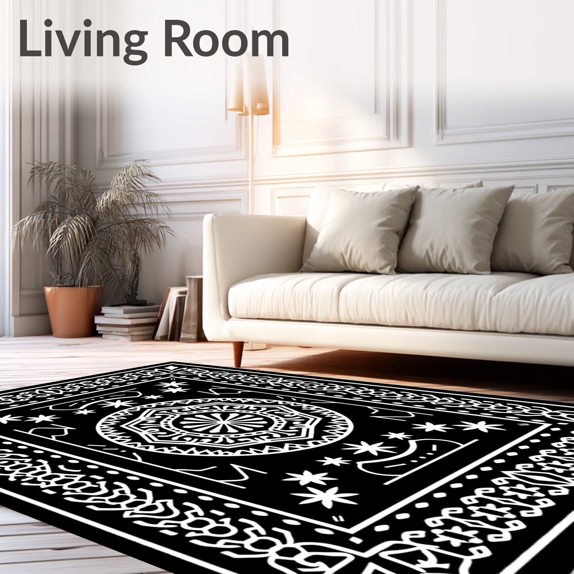 Black White Mandala Starburst Frame Rug