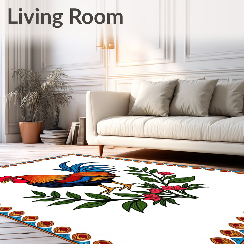 Vibrant Rooster Floral Wreath Emblem Rug