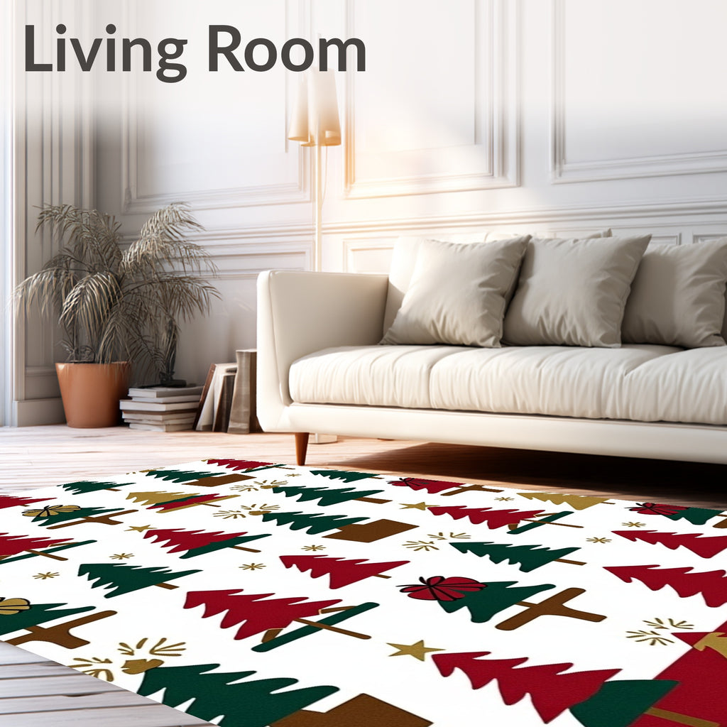 Festive Red Green Gold Christmas Trees Rug