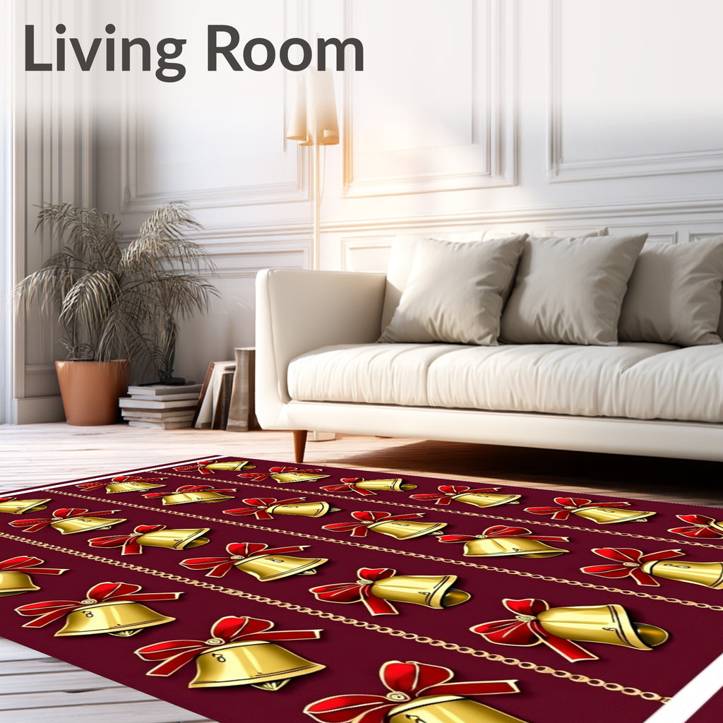 Golden Bells Red Ribbon Damask Rug