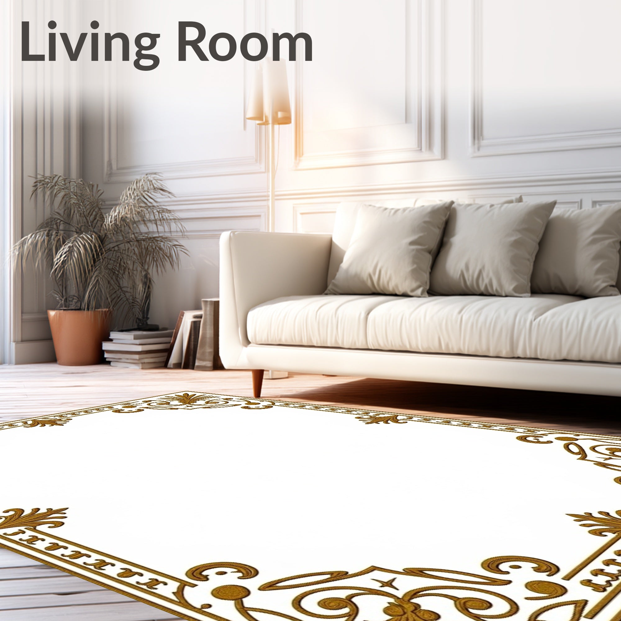 Golden Baroque Scrollwork Decorative Border Rug