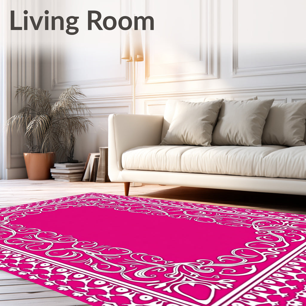 Vibrant Pink Floral Scroll Frame Rug