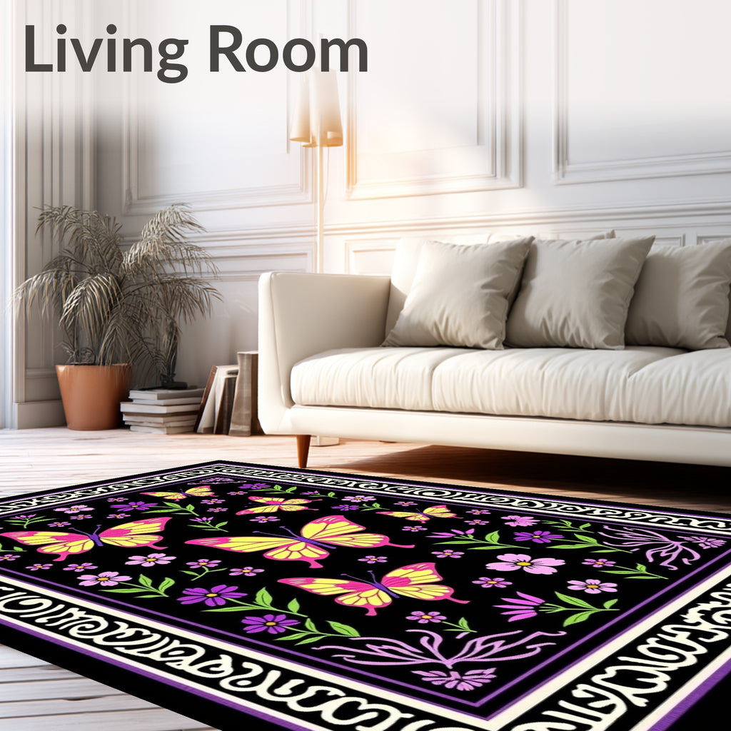 Vibrant Yellow Pink Butterfly Garden Rug