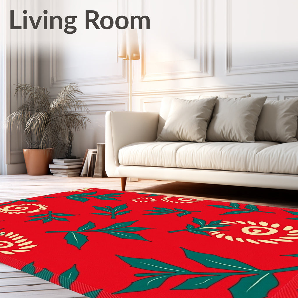 Whimsical Red Leaf Swirl Rug