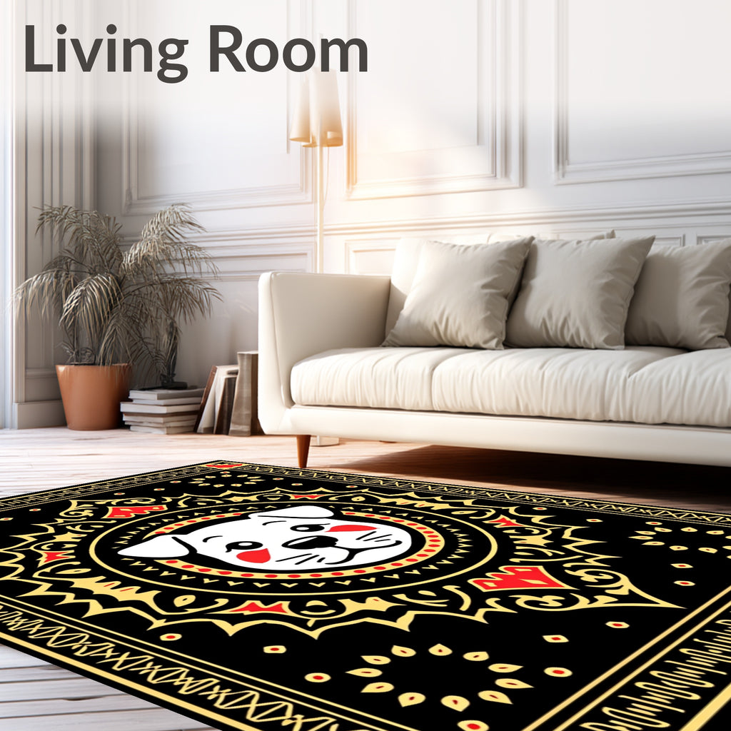 Playful pup black golden red mandala Rug