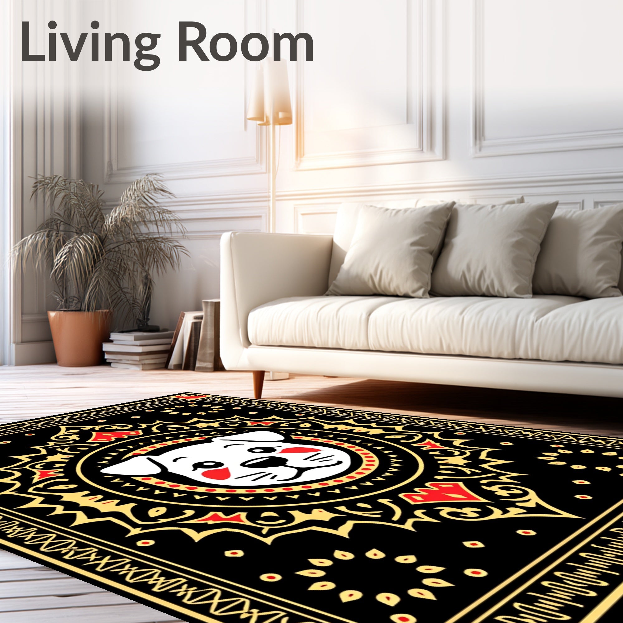 Playful pup black golden red mandala Rug