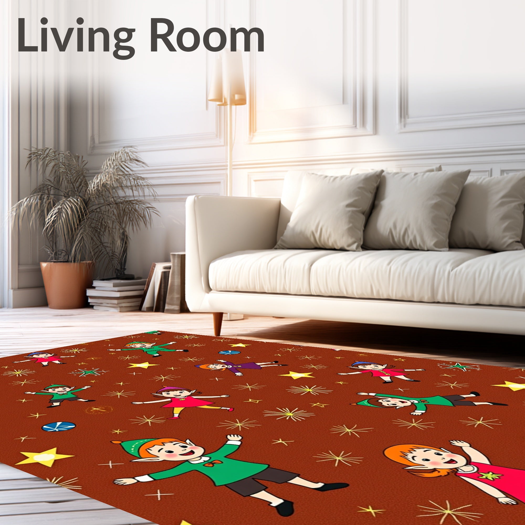 Christmas Elves and Stars Brown Background Rug