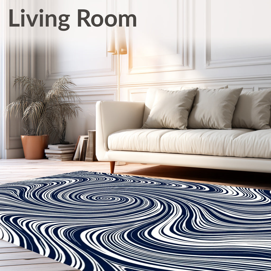 Navy Blue Swirl Line Abstract Rug