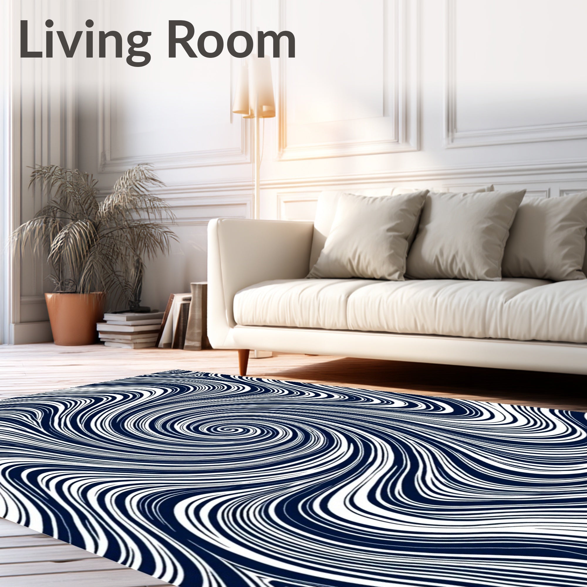 Navy Blue Swirl Line Abstract Rug