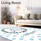 Whimsical Snowman Wreath Blue Flowers Rug