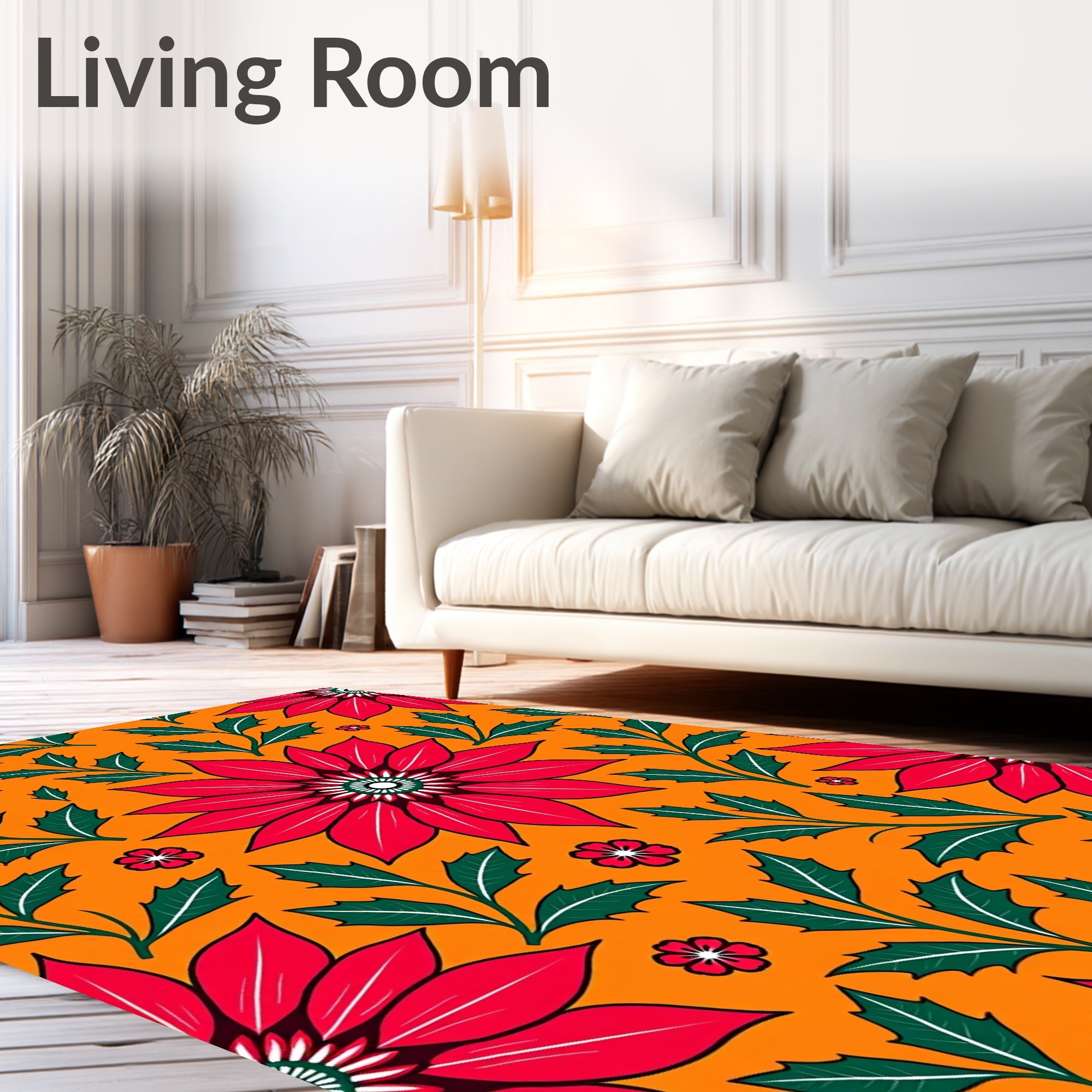 Crimson Red Festive Poinsettia Floral Orange Rug