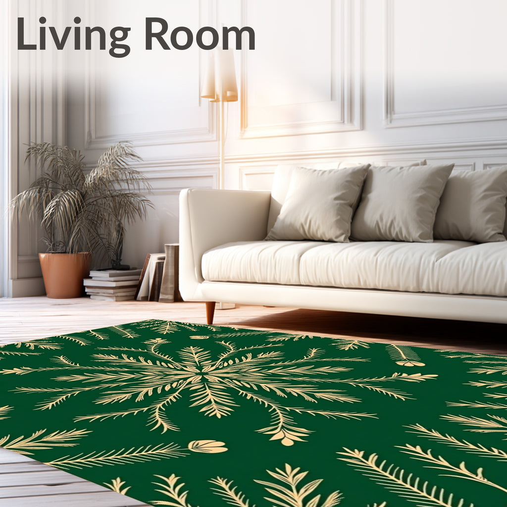 Golden Laurel Snowflake On Deep Green Rug