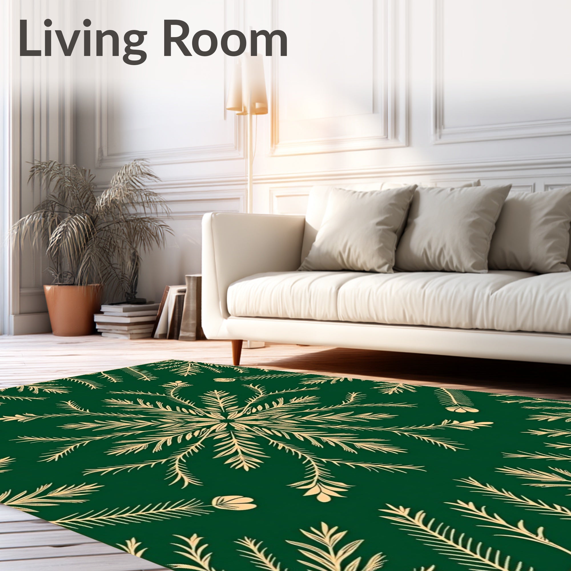 Golden Laurel Snowflake On Deep Green Rug