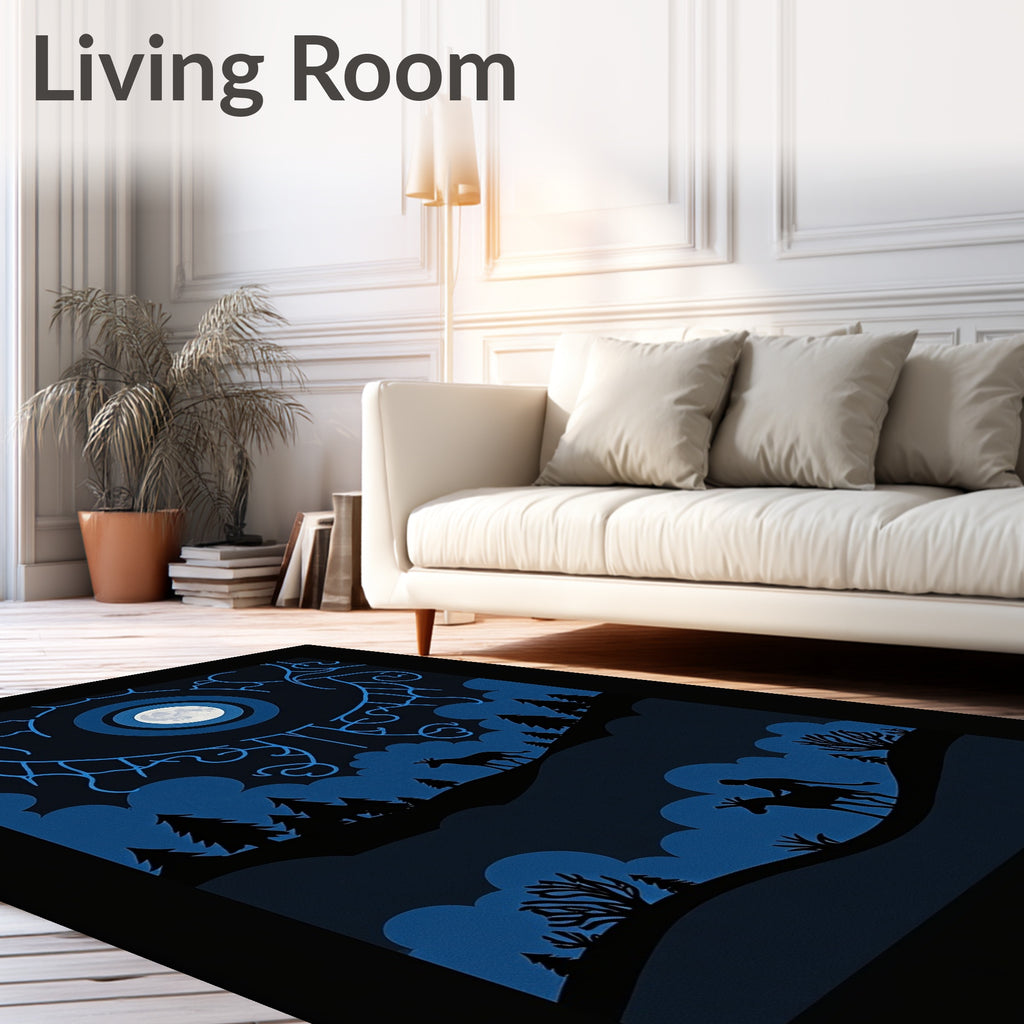 Midnight Blue Moonlit Forest Scene Rug
