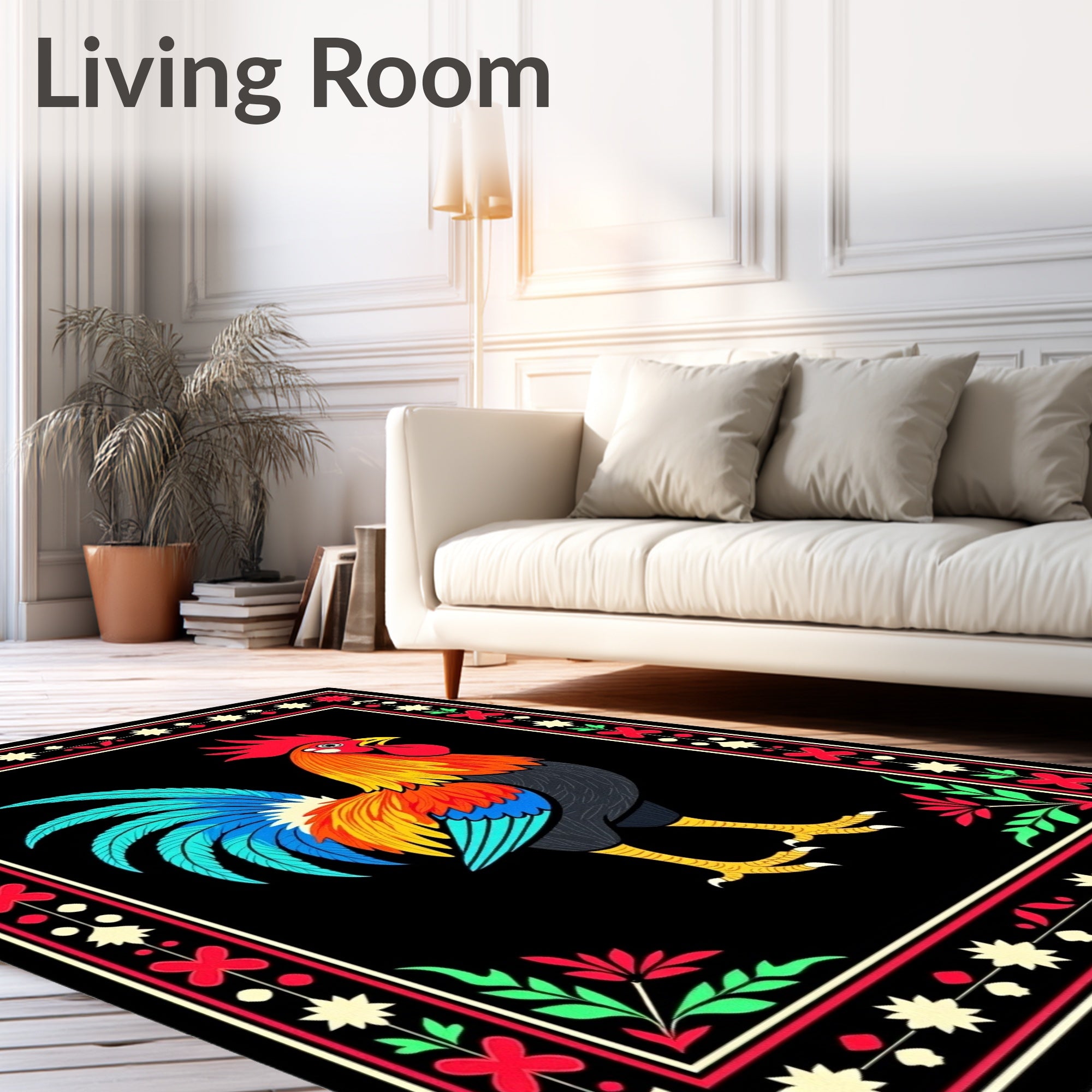 Vibrant Rooster Floral Border Rug
