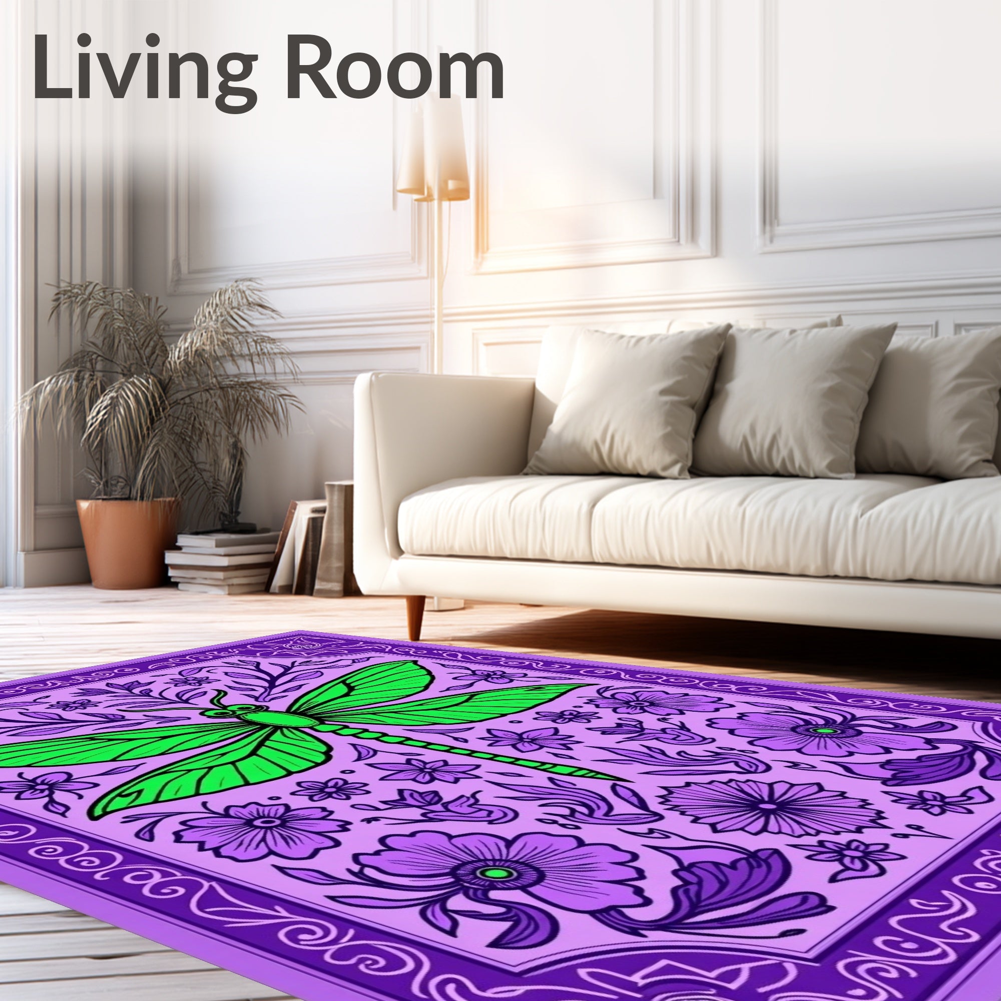 Vibrant Green Dragonfly Purple Floral Embrace Rug