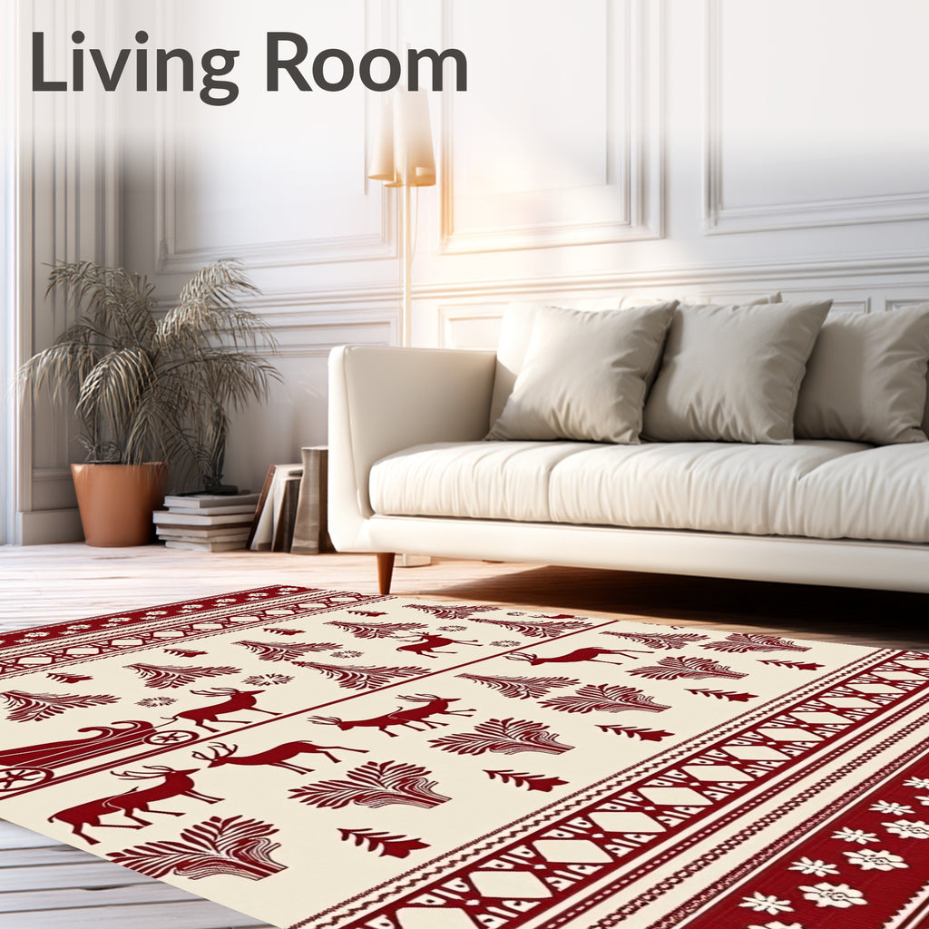 Crimson Reindeer Sleigh Christmas Forest Rug