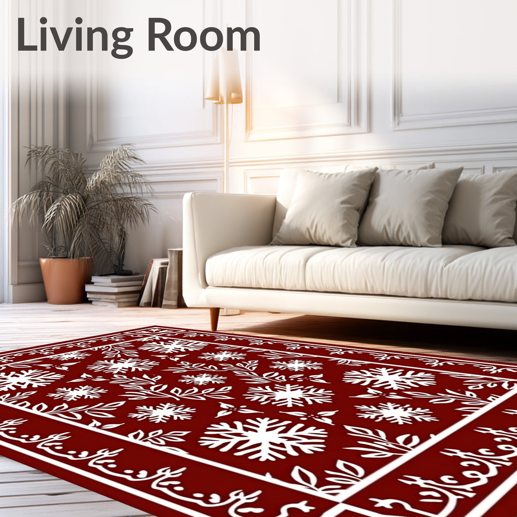 Crimson White Snowflake Botanical Border Rug