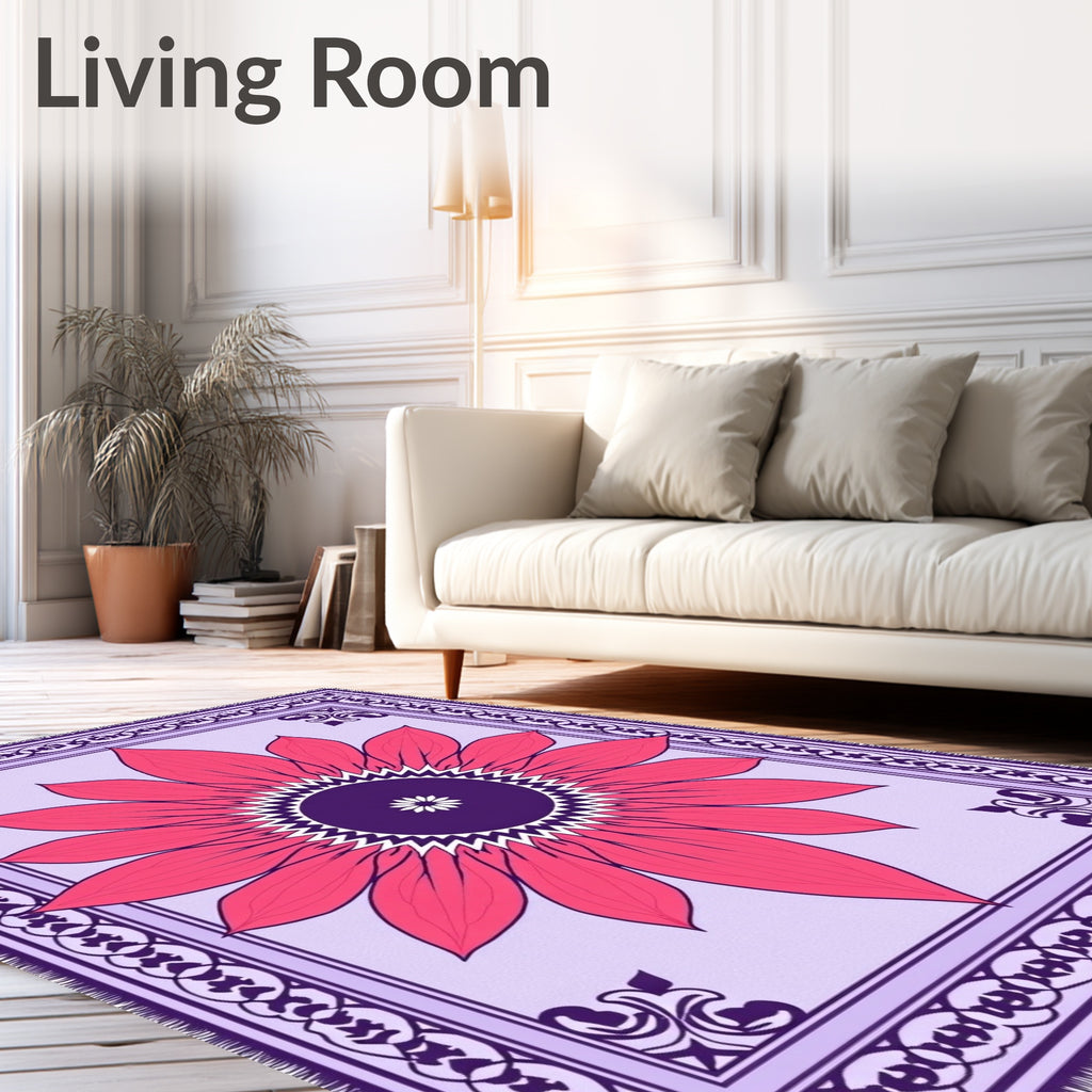 Vibrant Pink Petal Medallion Purple Border Rug