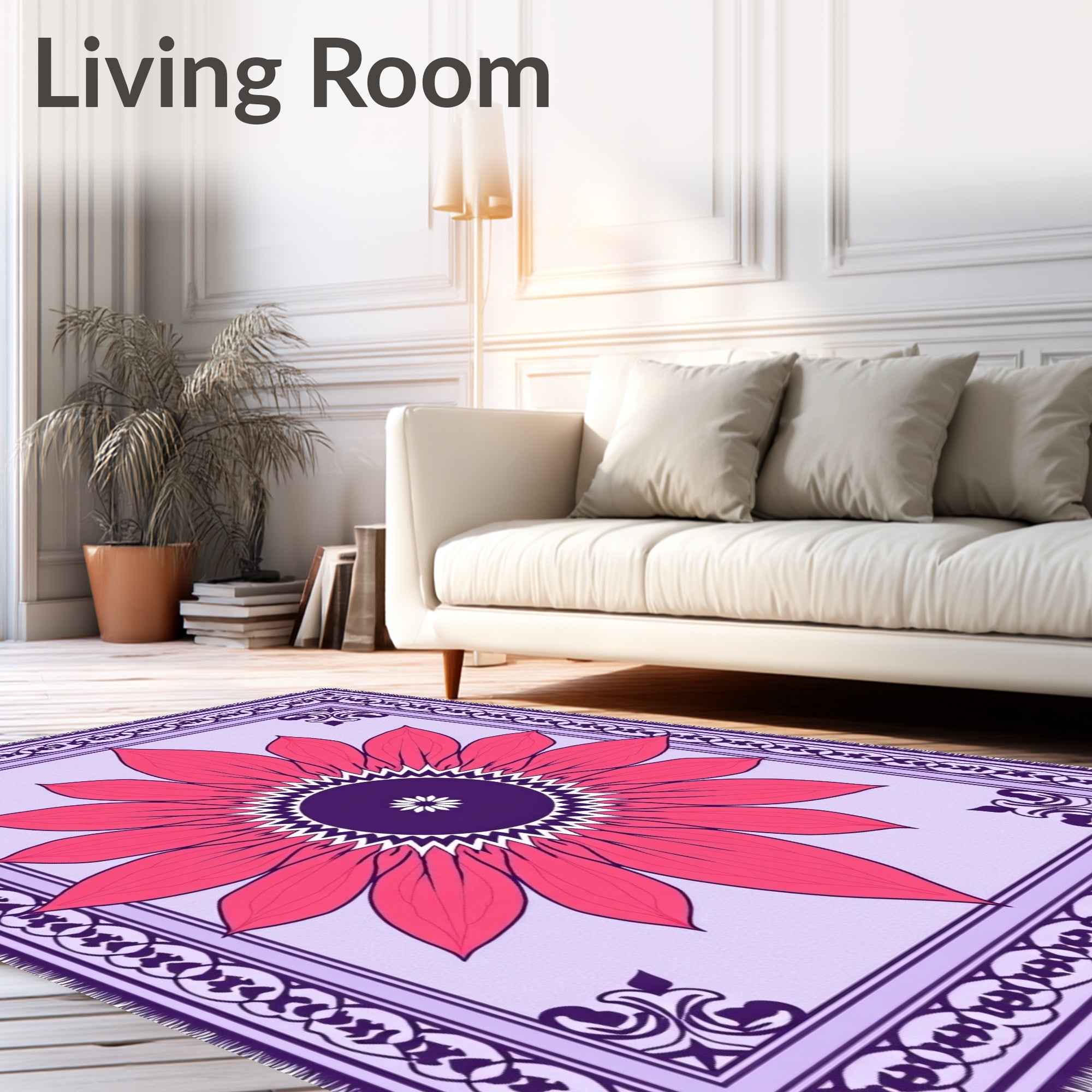 Vibrant Pink Petal Medallion Purple Border Rug